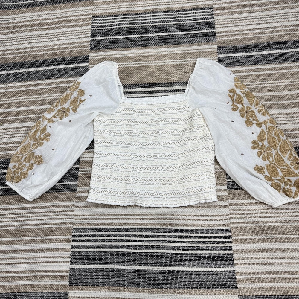 Anthropologie Women's XL White Smocked Embroidered Puff Sleeve Square Neck Top